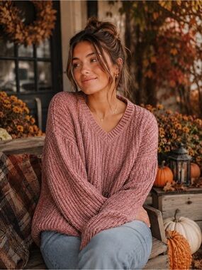 Democracy Ribbed Crewneck Sweater - Dusty Rose - Women’s Medium